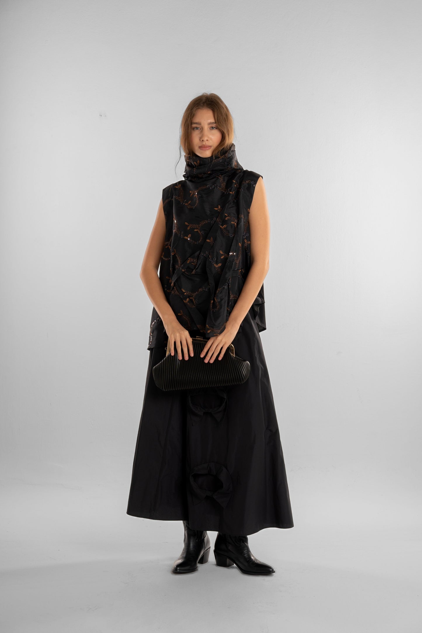 Black Skirt with Black Flower Detail