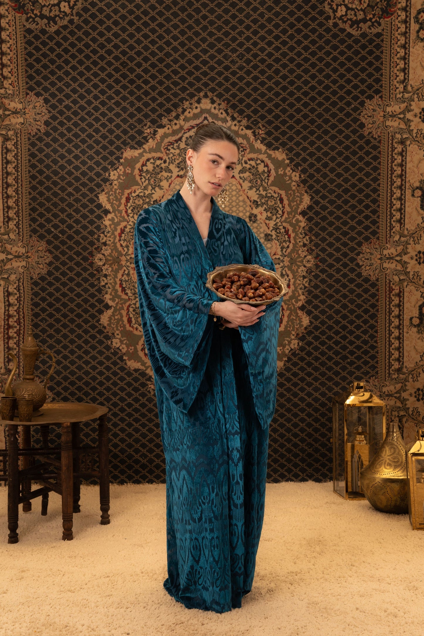 Teal Printed Velvet Kaftan