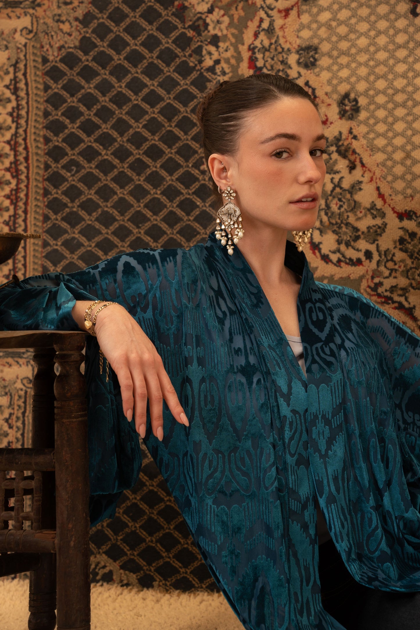 Teal Printed Velvet Kaftan