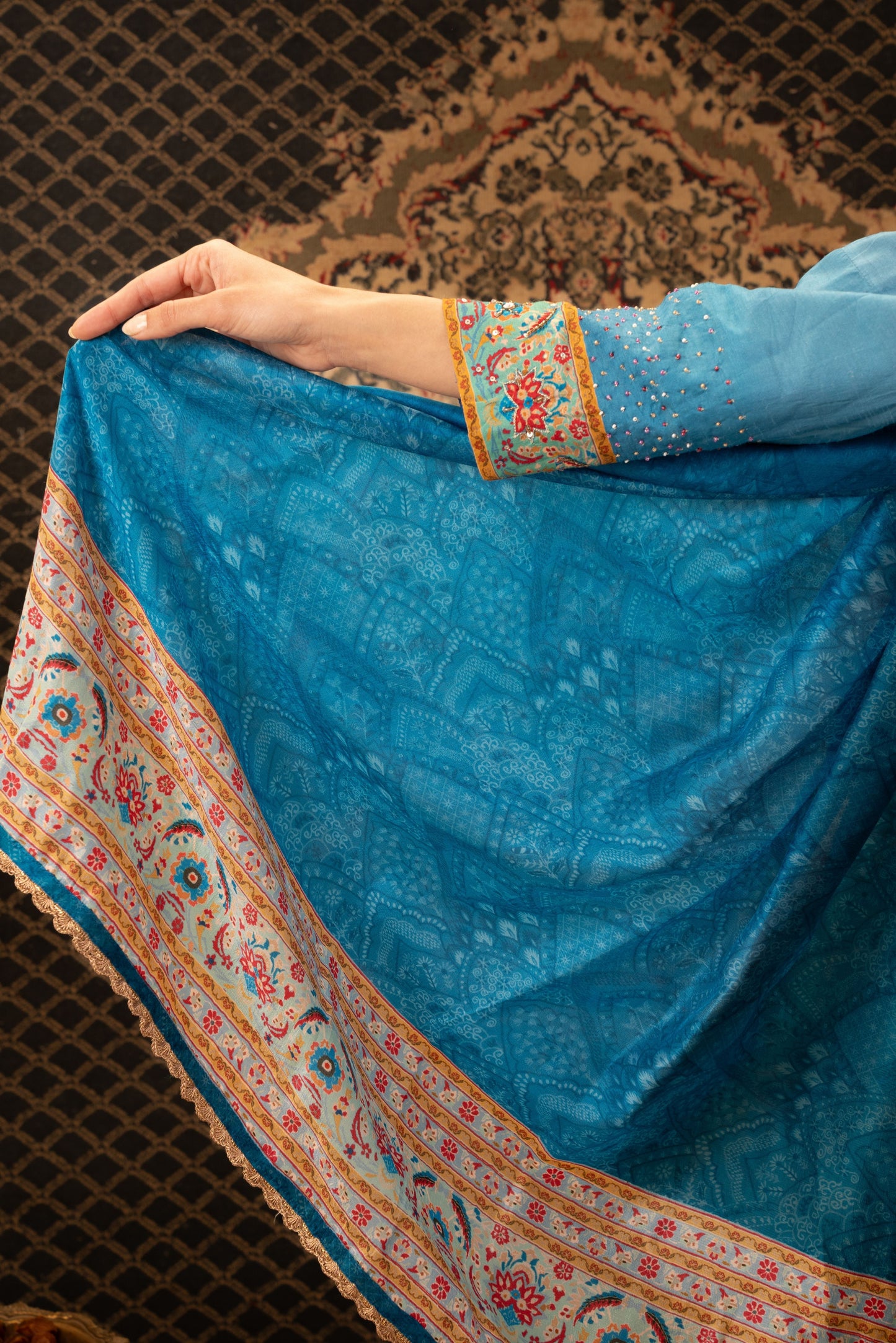 Blue Anarkali Dress with Elephant Border Dupatta