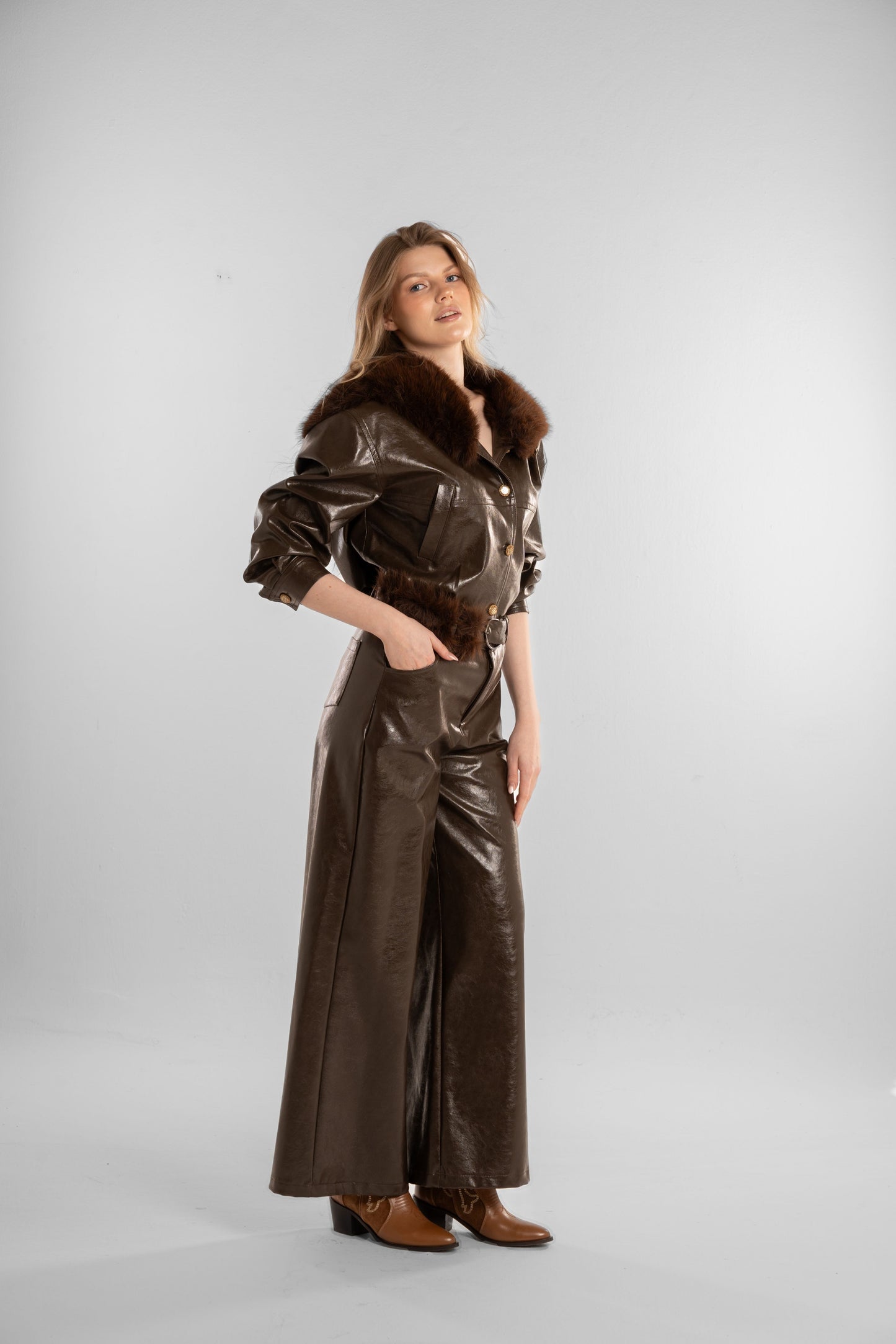 Brown Faux-Leather Jacket with Fur Collar
