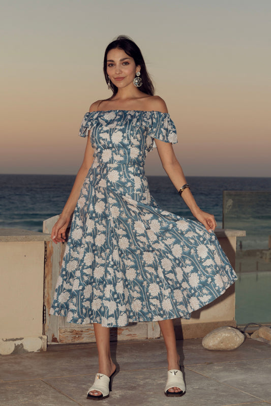 Blue skirt with white printed flowers