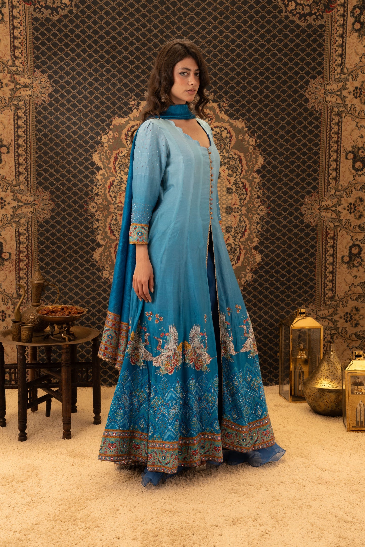 Blue Anarkali Dress with Elephant Border Dupatta