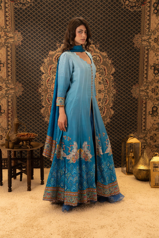 Blue Anarkali Dress with Elephant Border Dupatta