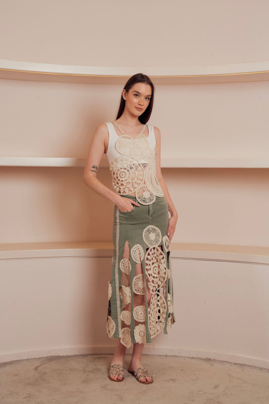 olive green midi skirt.