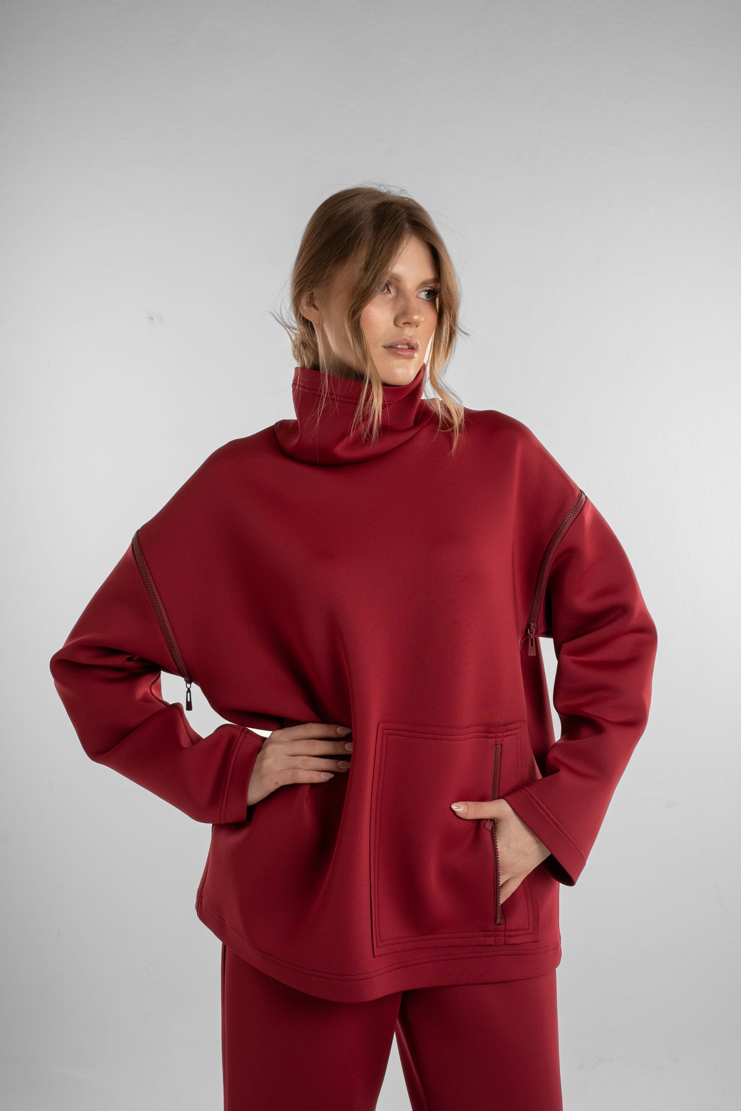 Burgundy High-Neck Oversized Sweatshirt