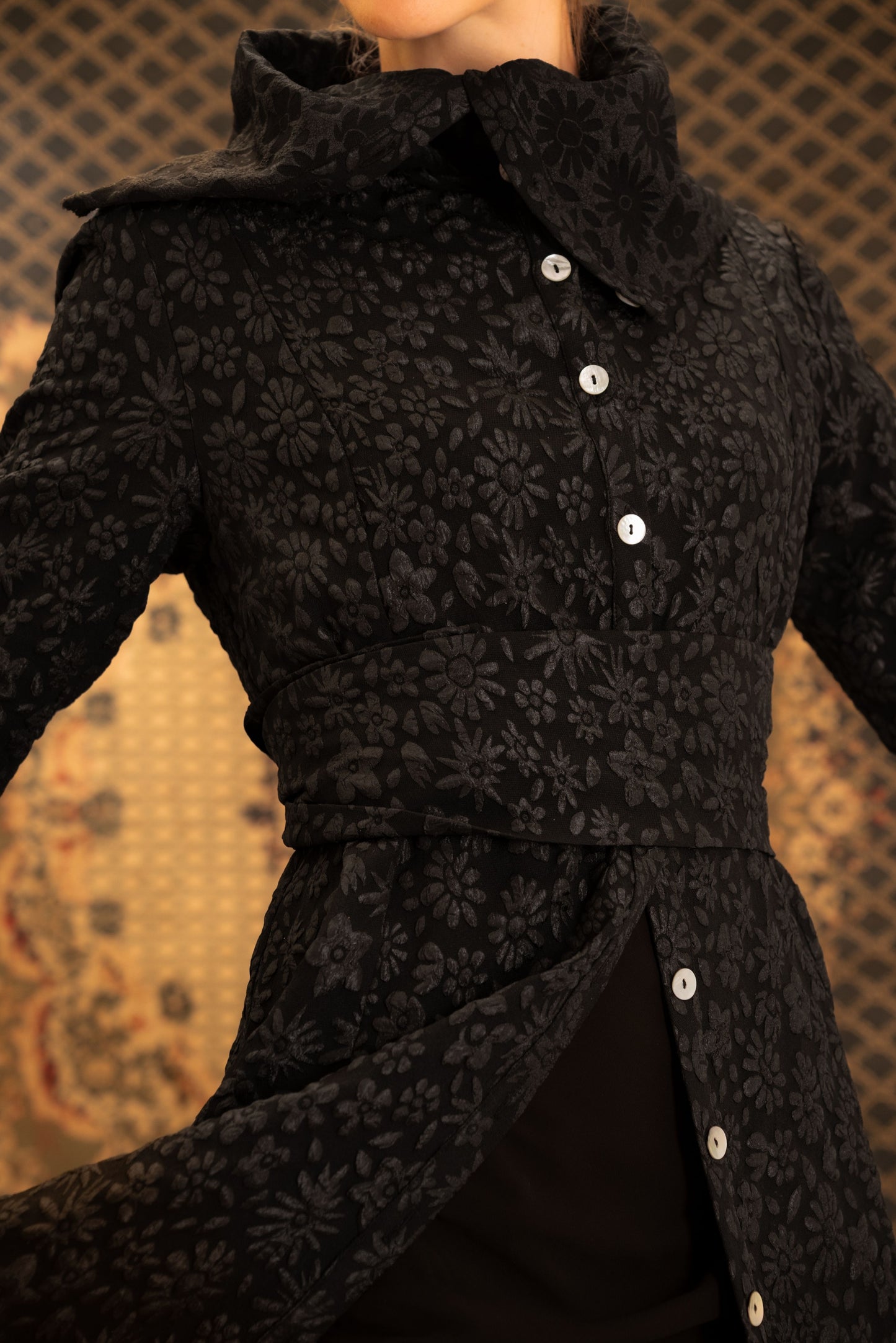 Black Kaftan with Baby Floral Print