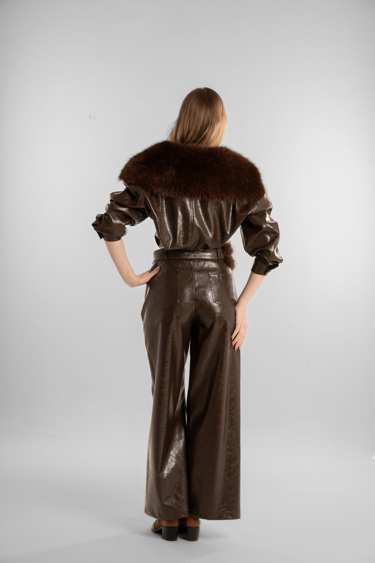 Brown Faux-Leather Jacket with Fur Collar