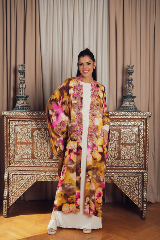 A vibrant open-front kaftan