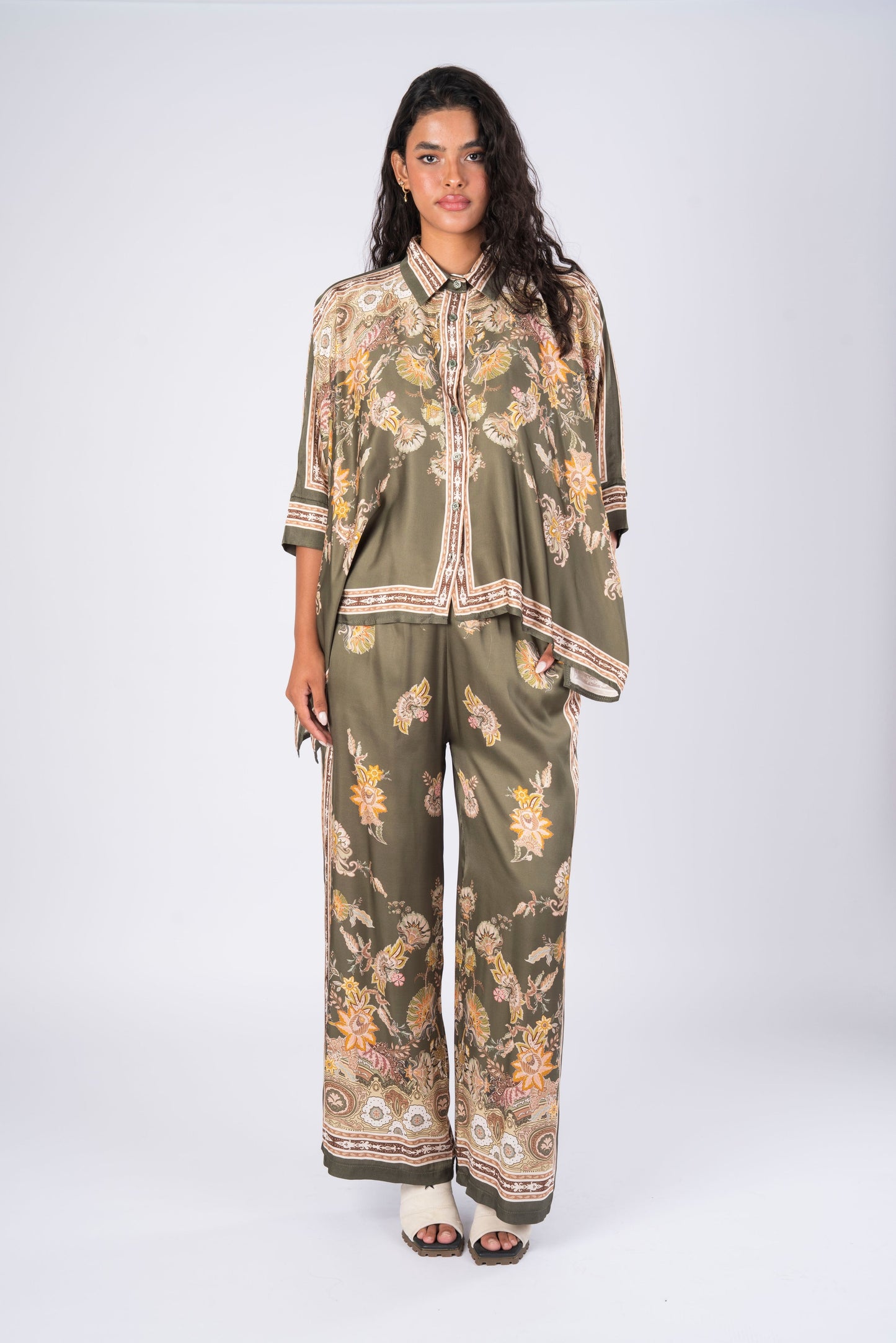 olive green floral-print shirt