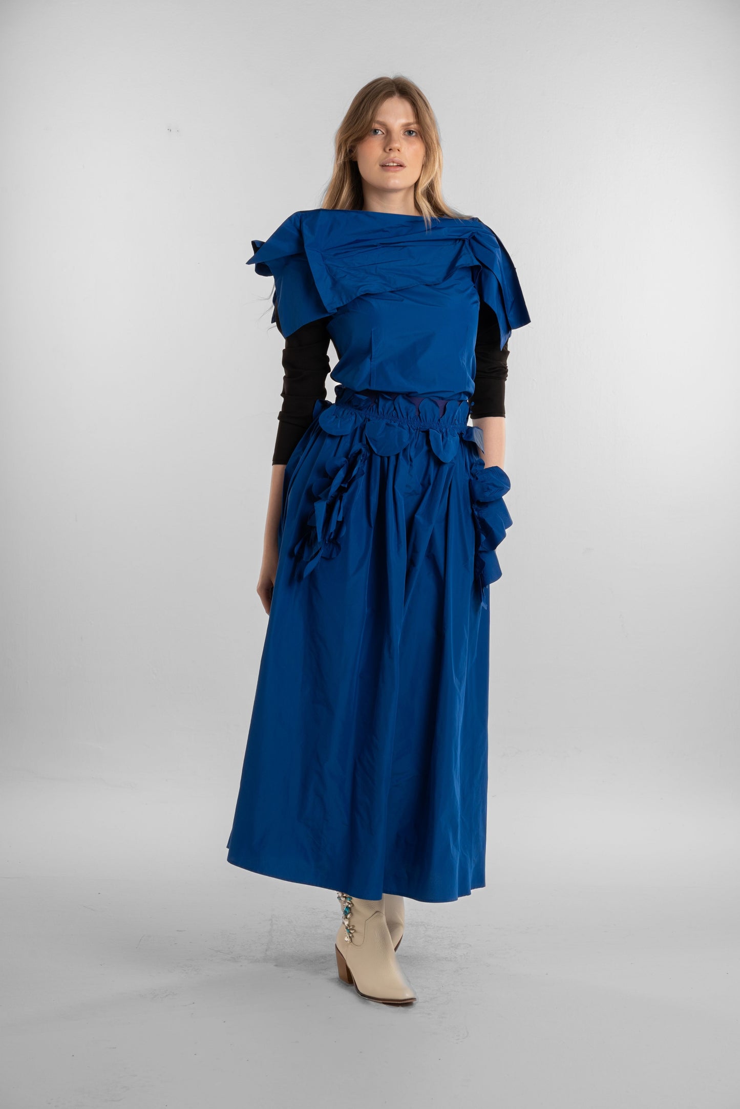 Blue Taftah Top with Black Sleeves