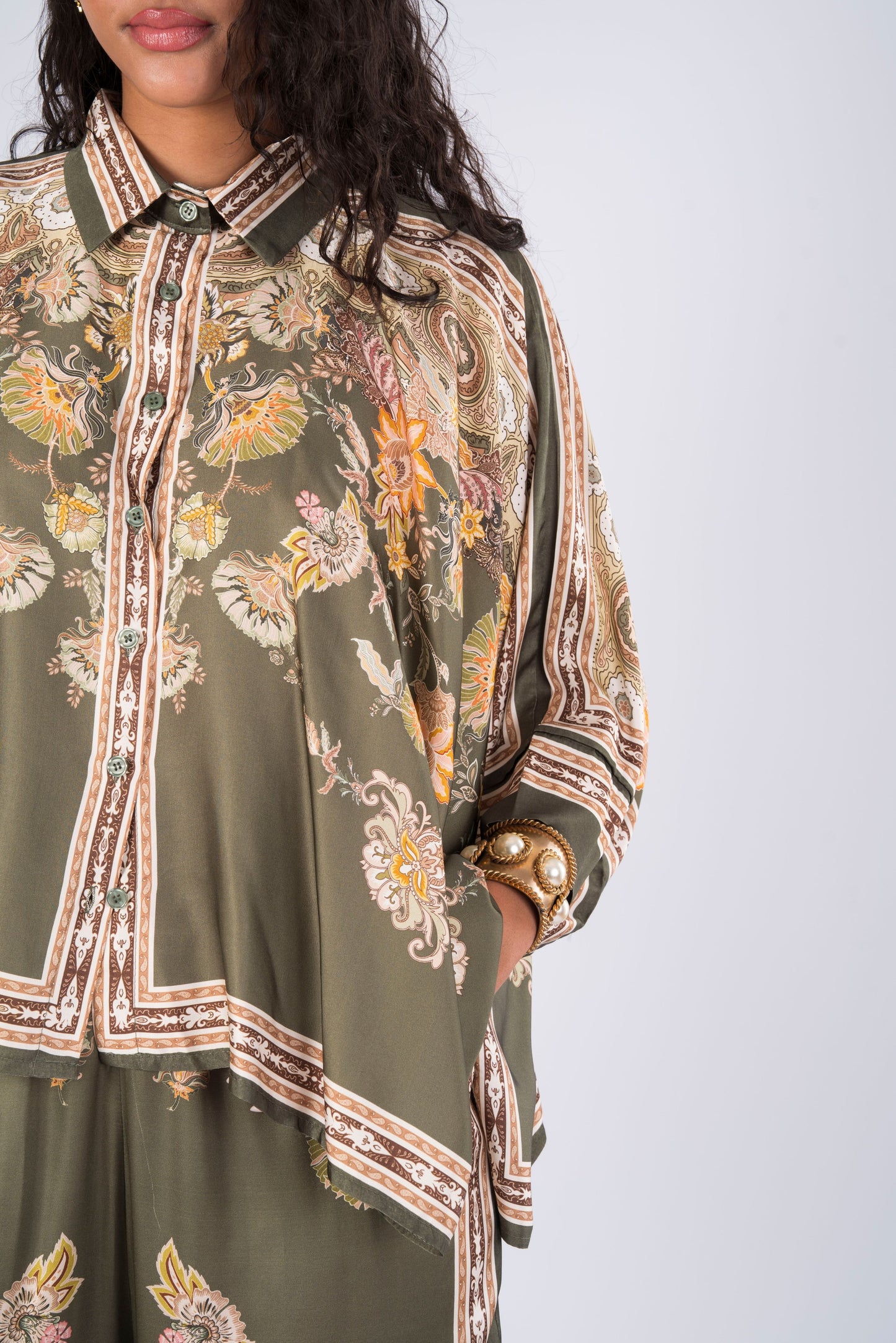 olive green floral-print shirt