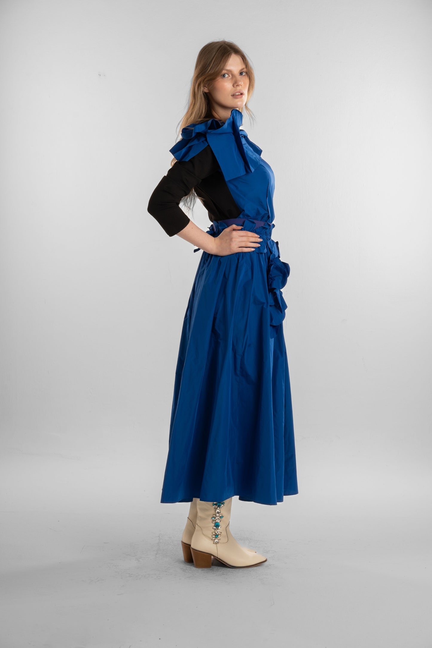 Blue Taftah Top with Black Sleeves