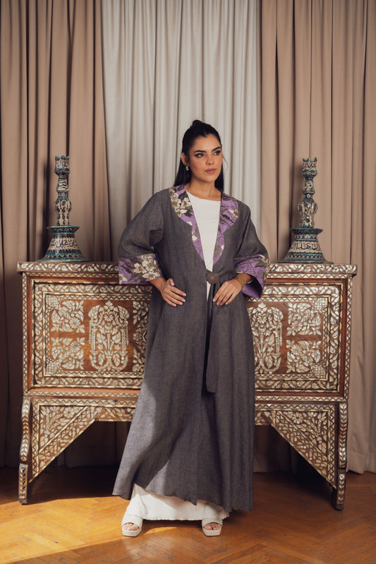 A sophisticated gray abaya with delicate purple floral