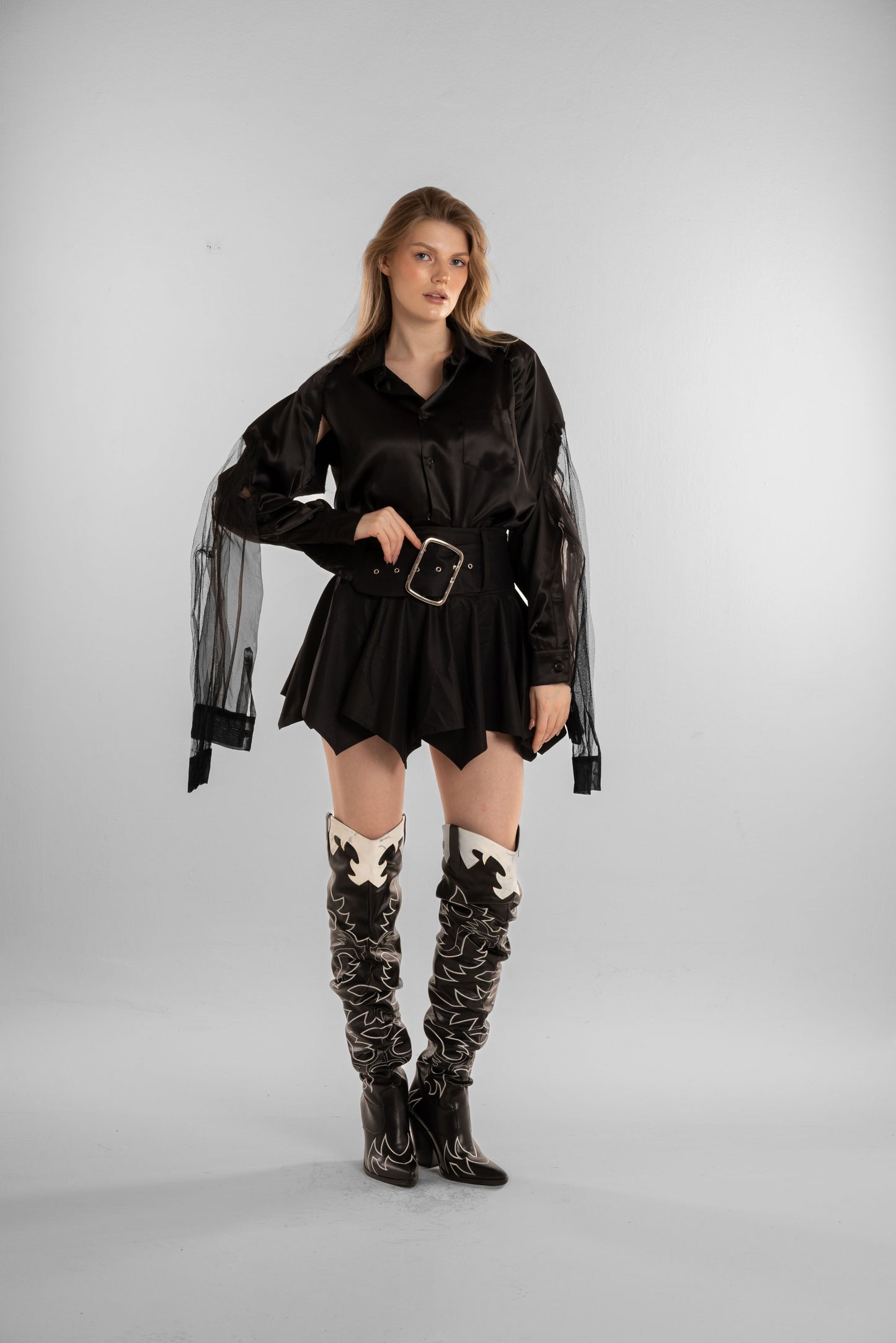 Black Satin Mesh-Sleeve Top with High