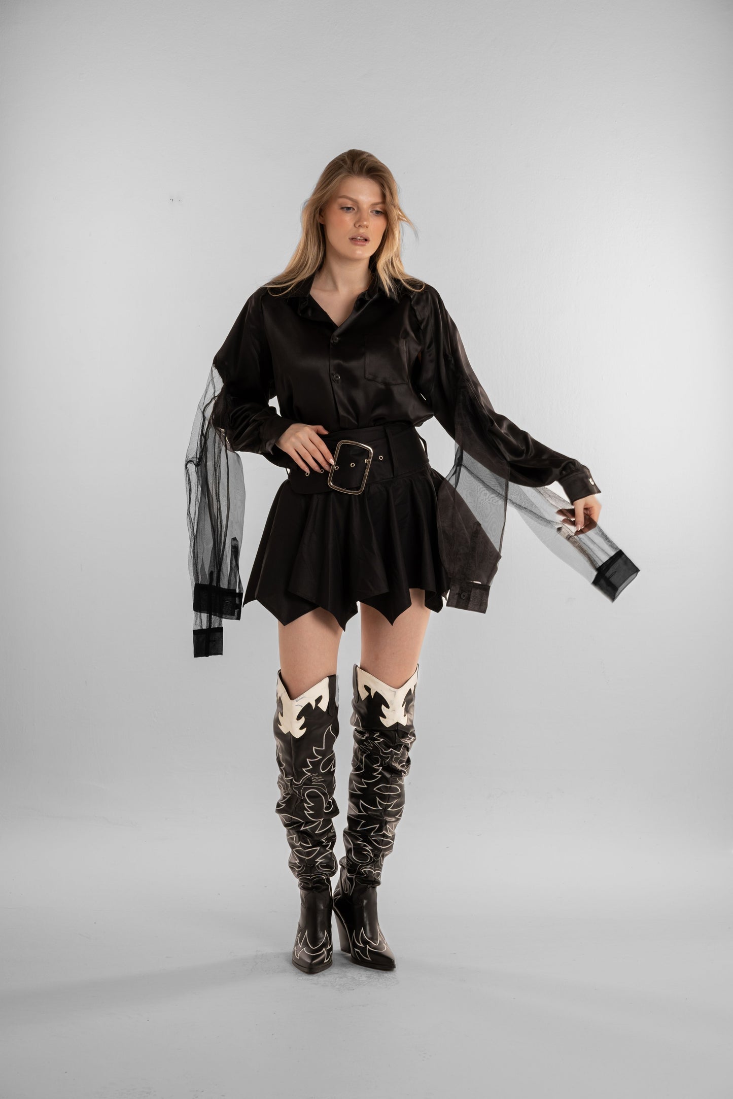 Black Satin Mesh-Sleeve Top with High