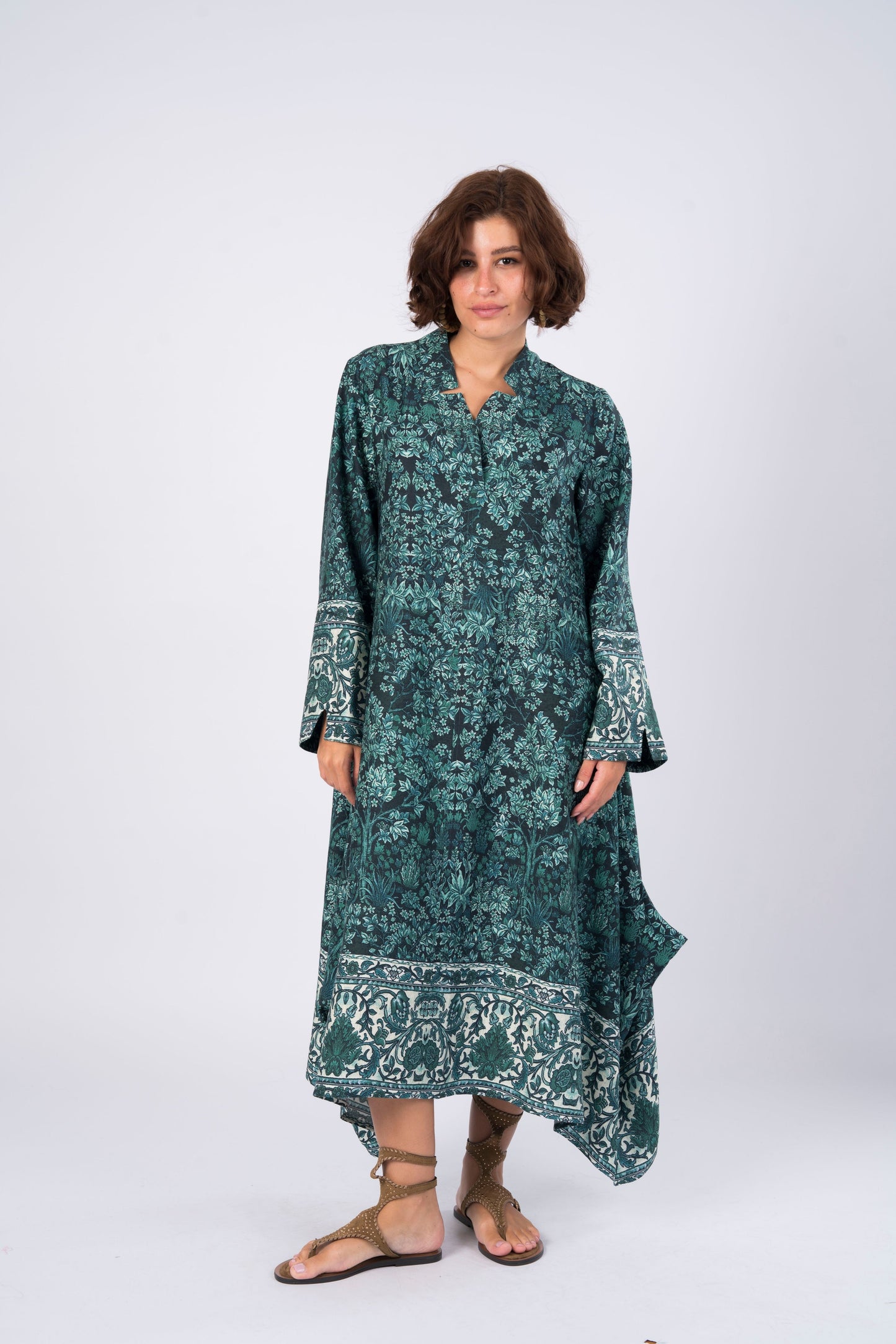 green floral-print dress