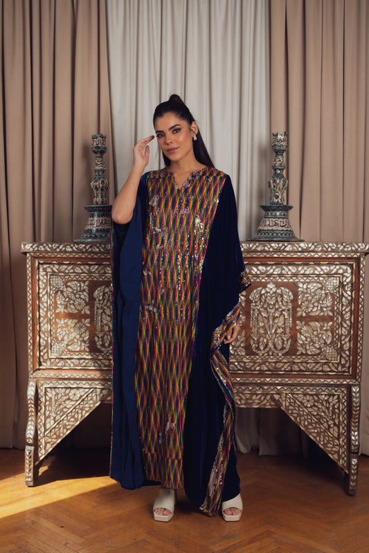 kaftan featuring rich navy velvet