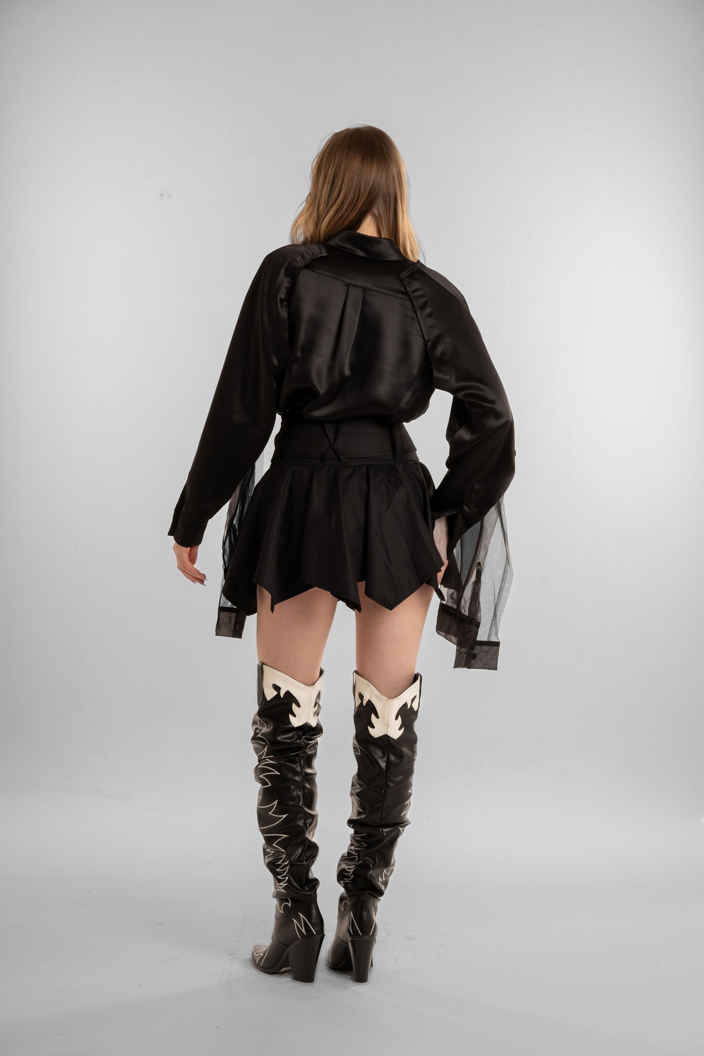 Black Satin Mesh-Sleeve Top with High