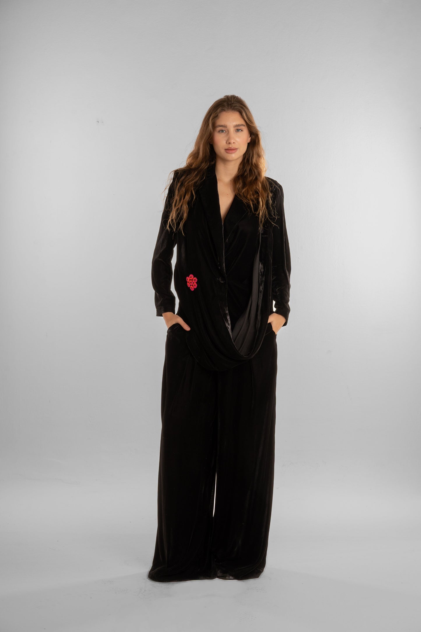 Black Velvet Draped Blazer with Floral Detail