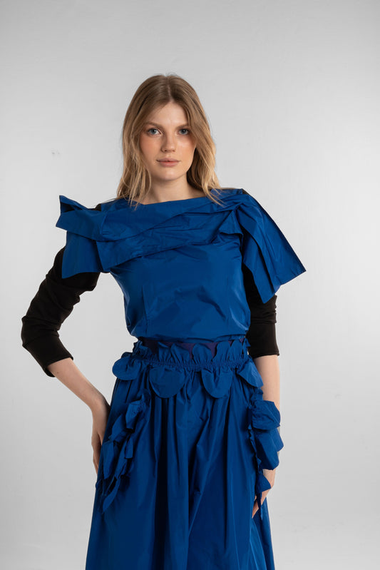 Blue Taftah Top with Black Sleeves