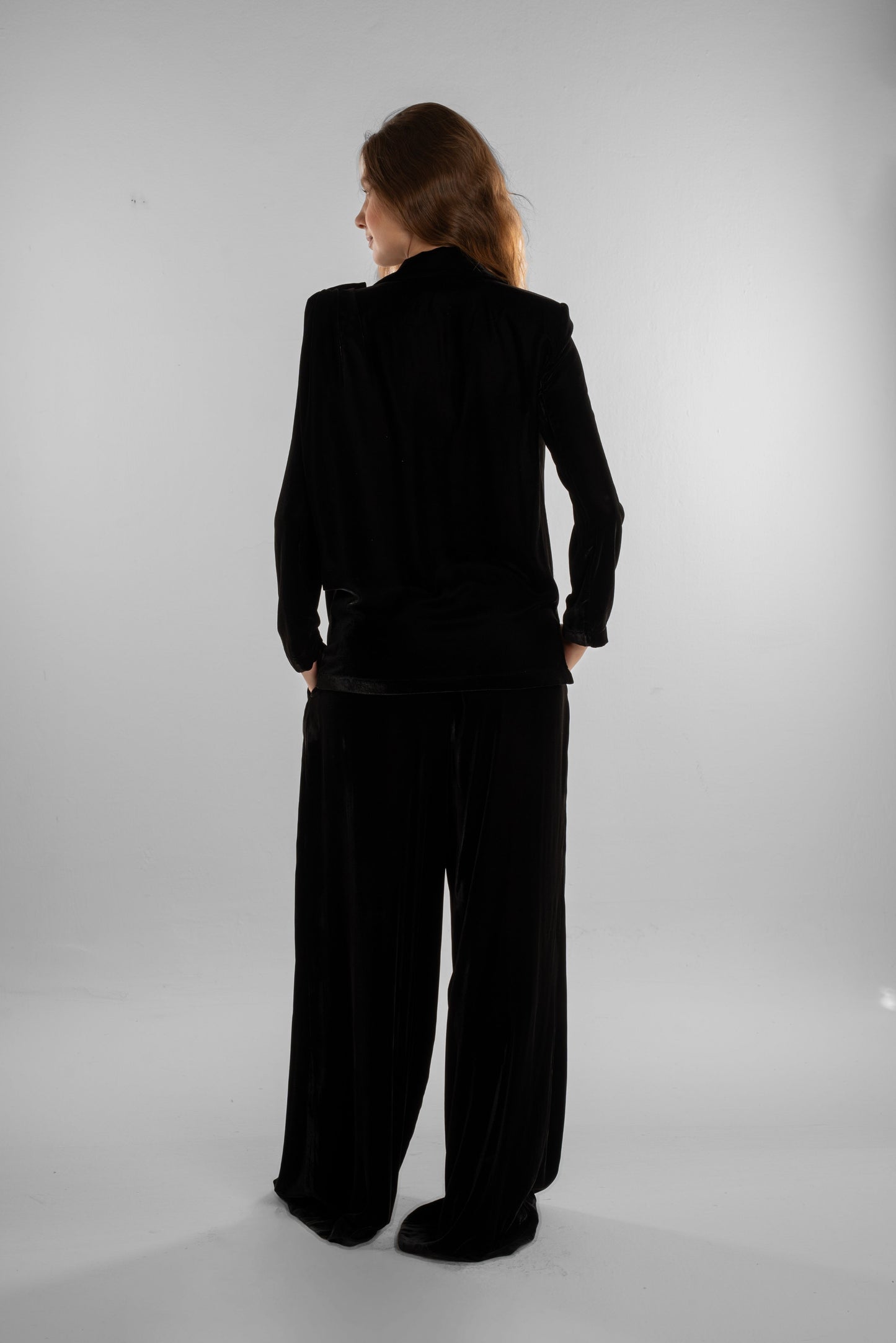 Black Velvet Draped Blazer with Floral Detail