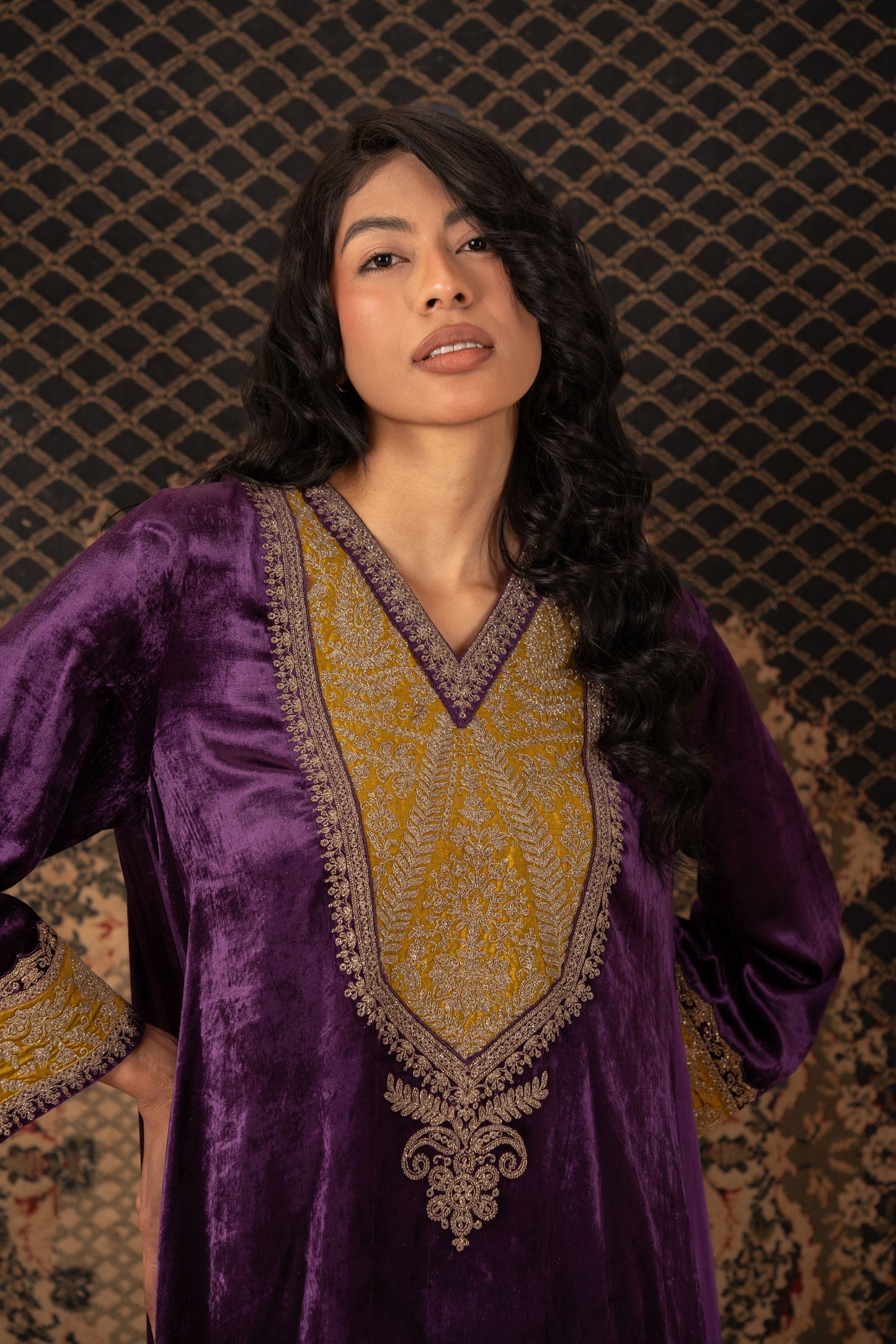 Purple Velvet Kaftan with Gold Details