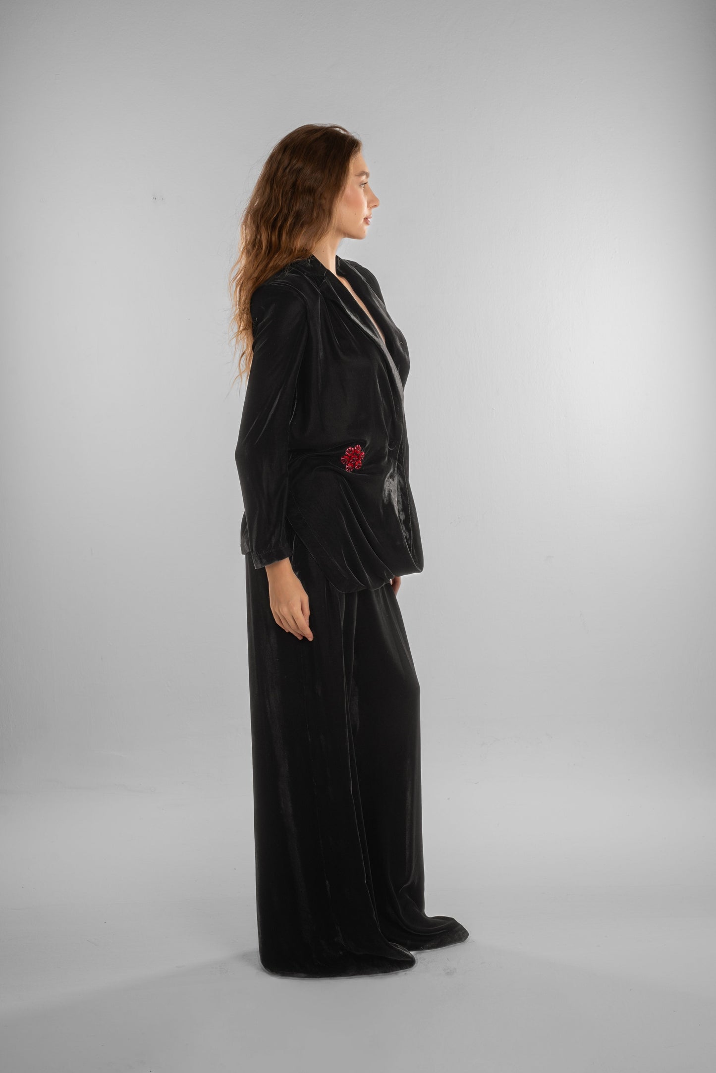 Black Velvet Draped Blazer with Floral Detail