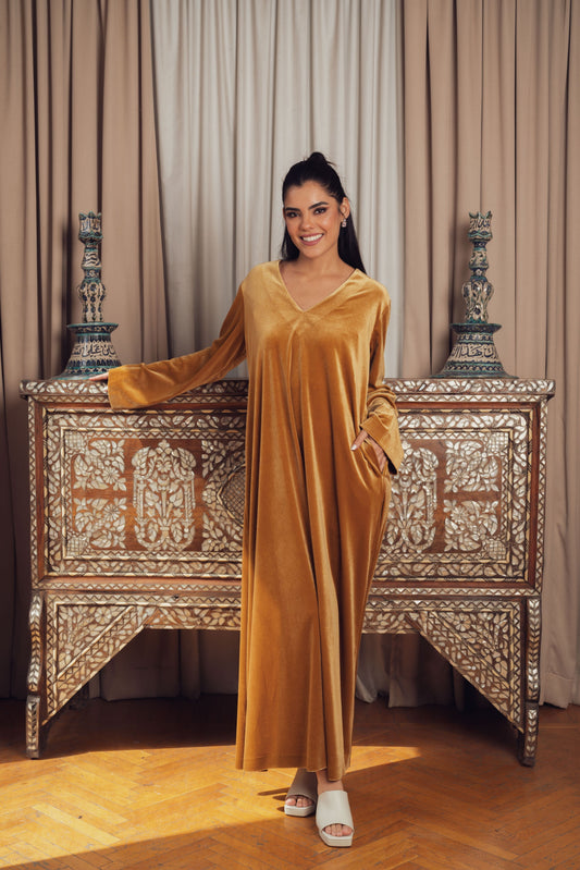 A chic mustard velvet dress