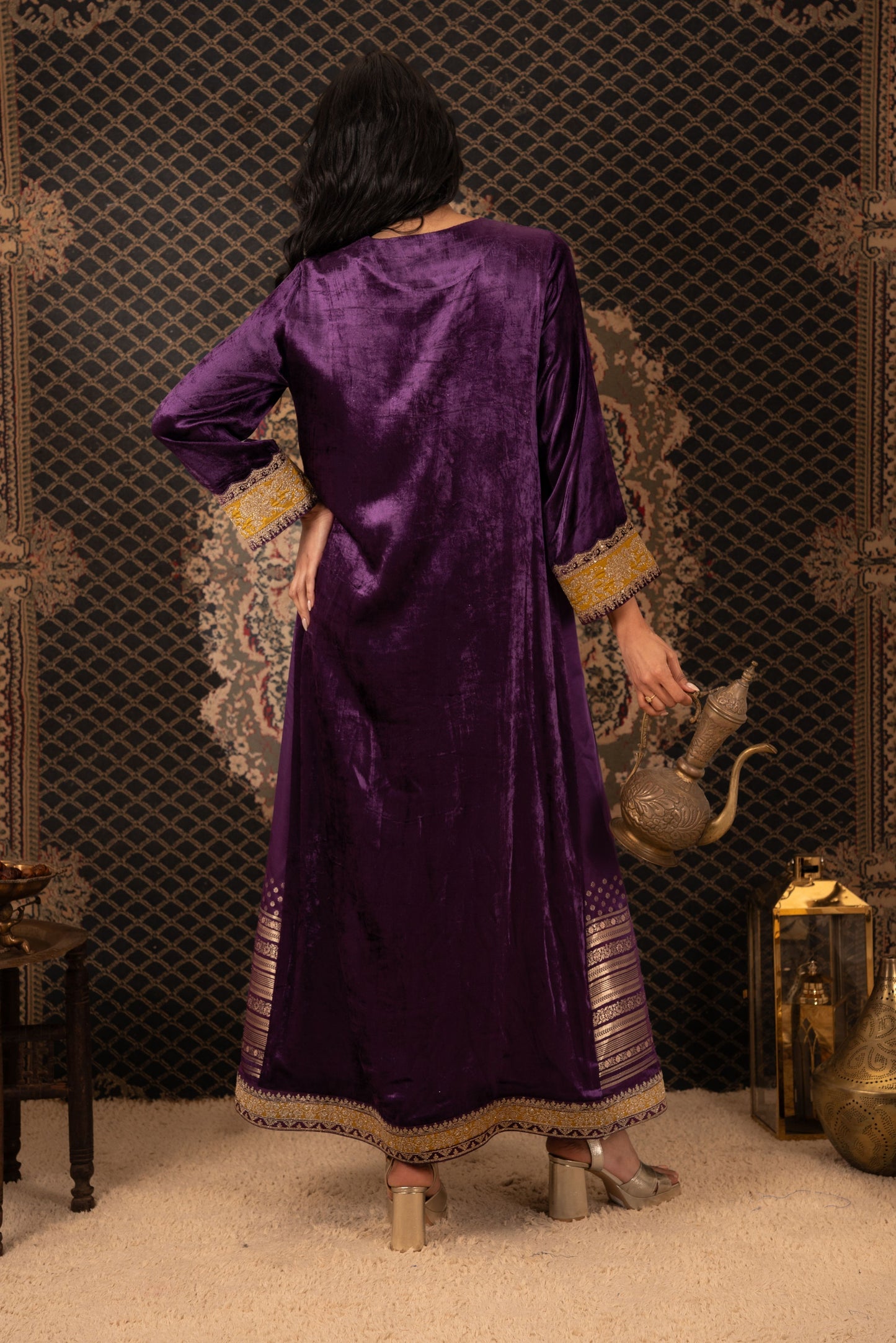 Purple Velvet Kaftan with Gold Details