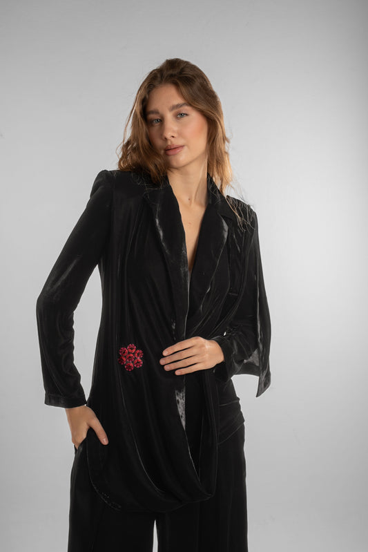 Black Velvet Draped Blazer with Floral Detail