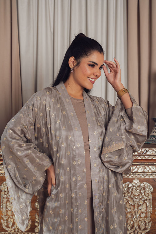 A sophisticated gray embroidered kimono
