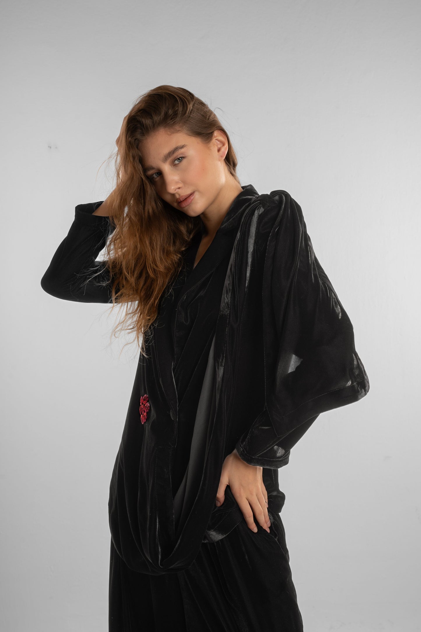 Black Velvet Draped Blazer with Floral Detail