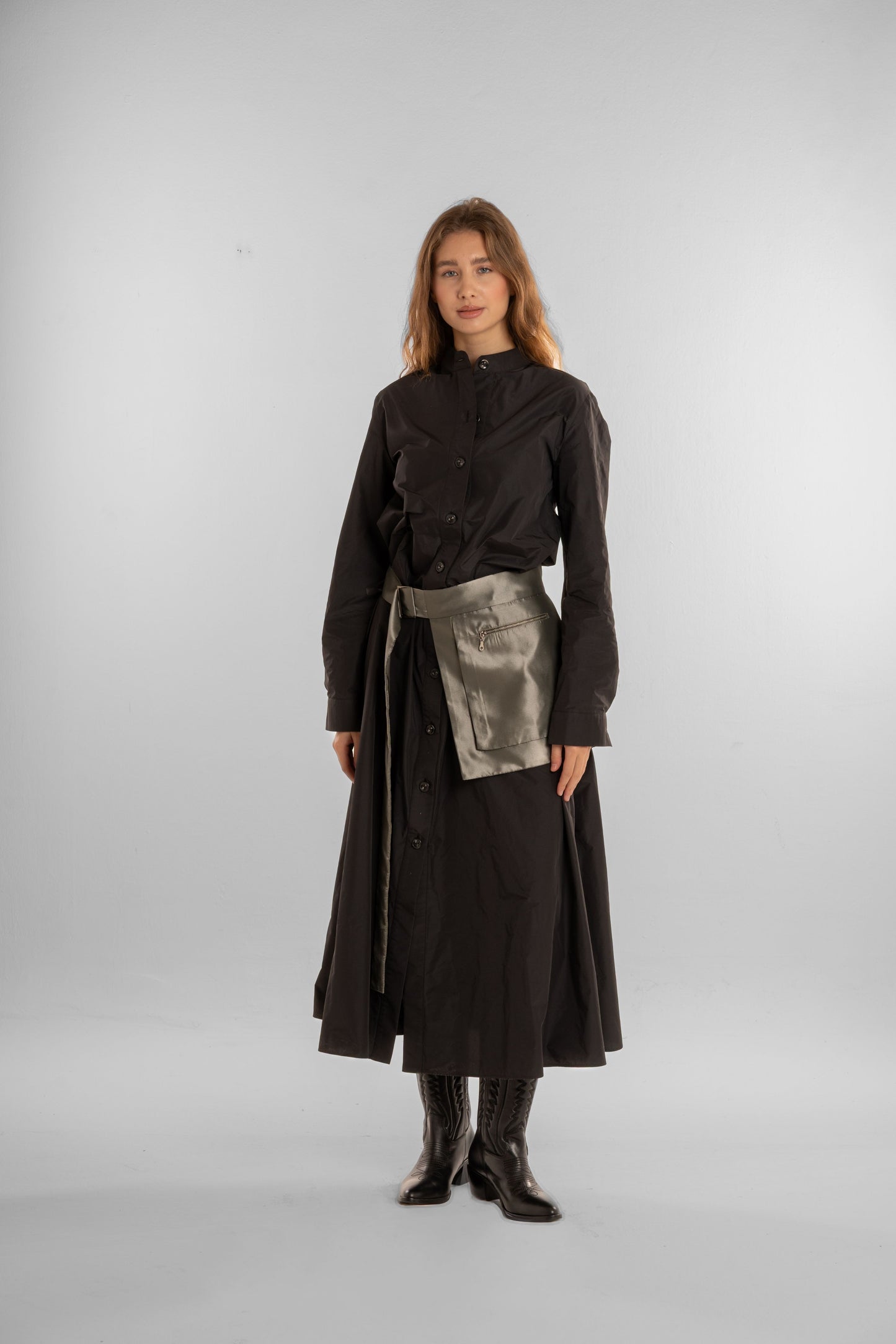 Black Long Dress with Olive Waist Belt