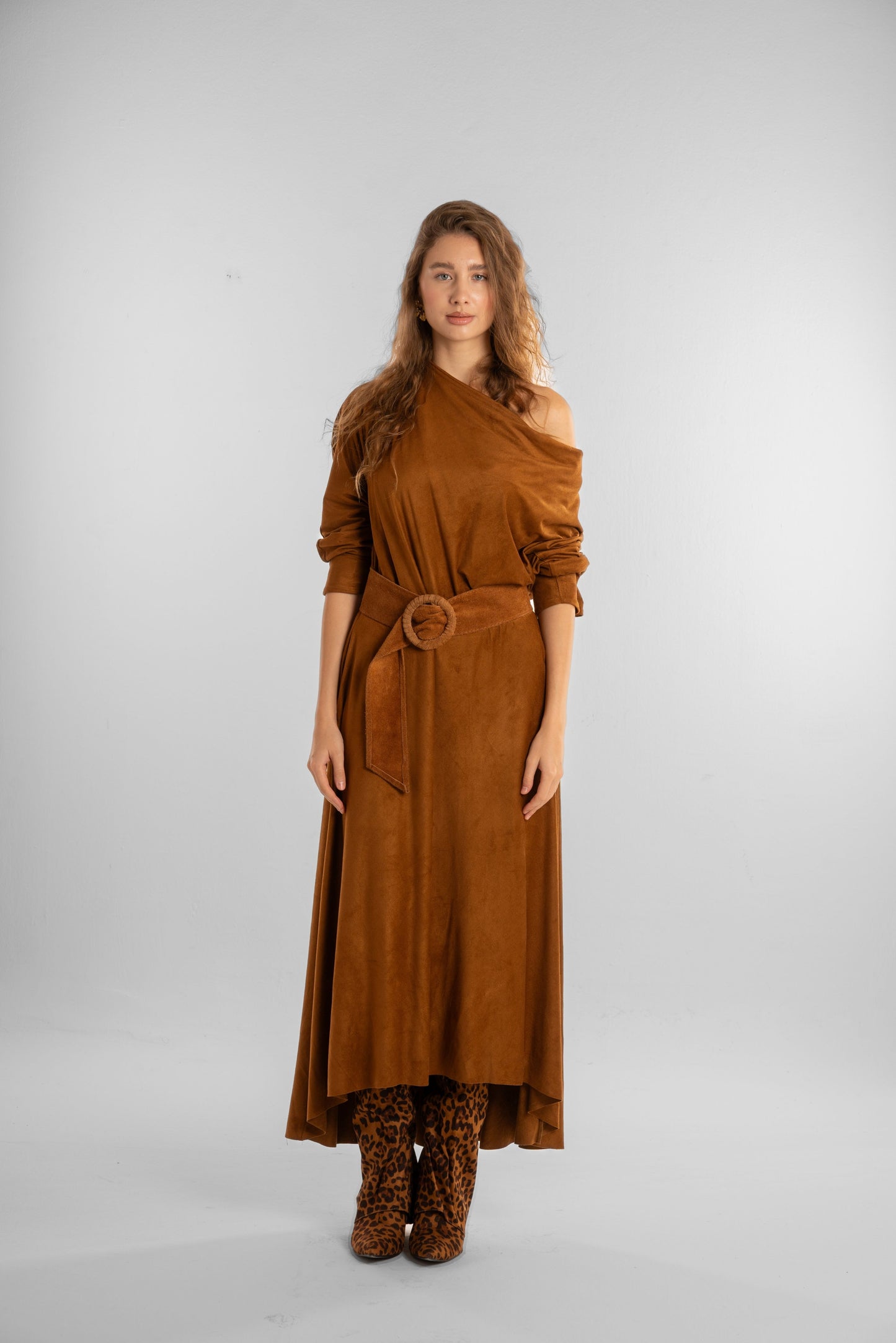 Brown Off-Shoulder Maxi Dress with Belt