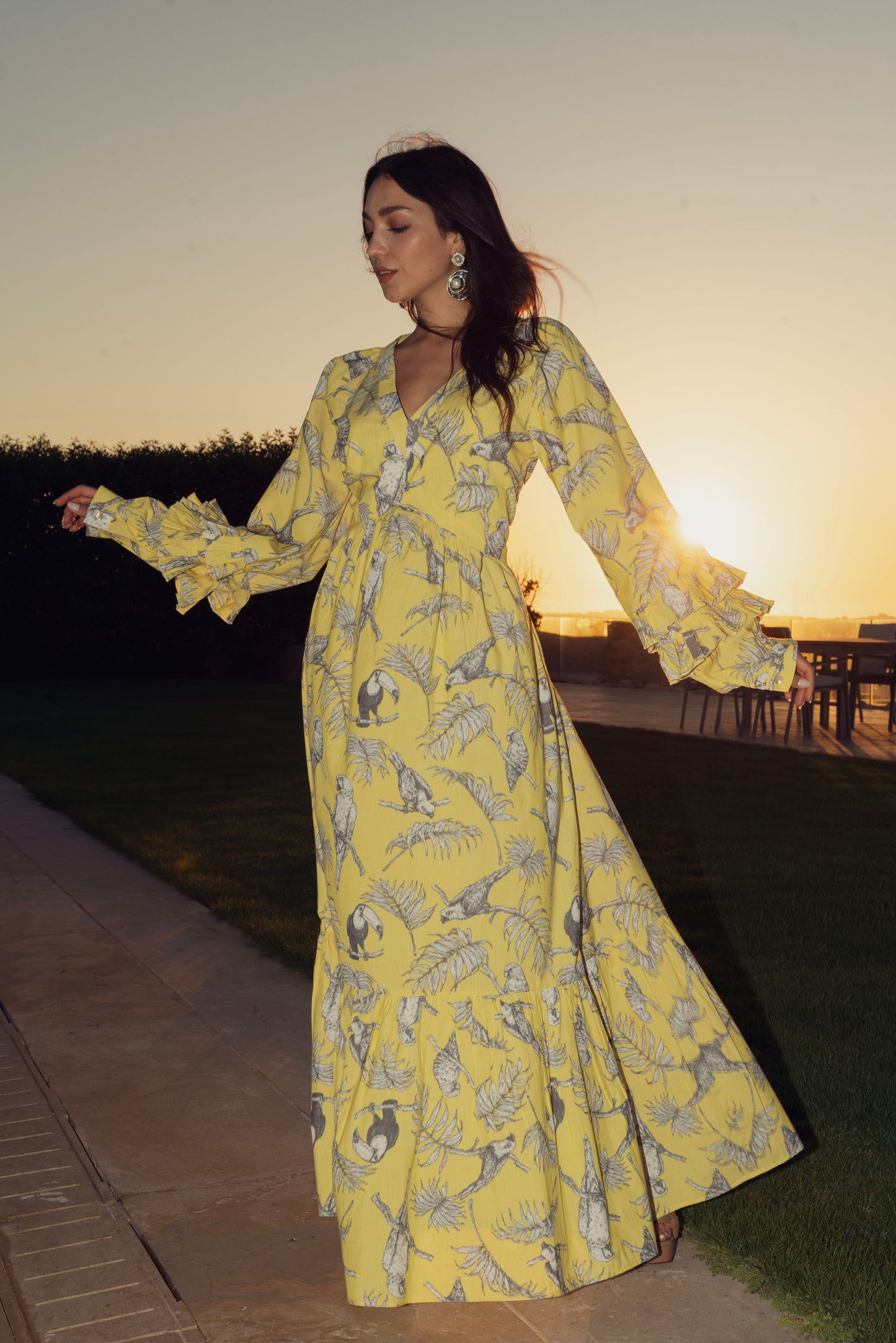 Sunbird Print Ruffle Midi Dress.