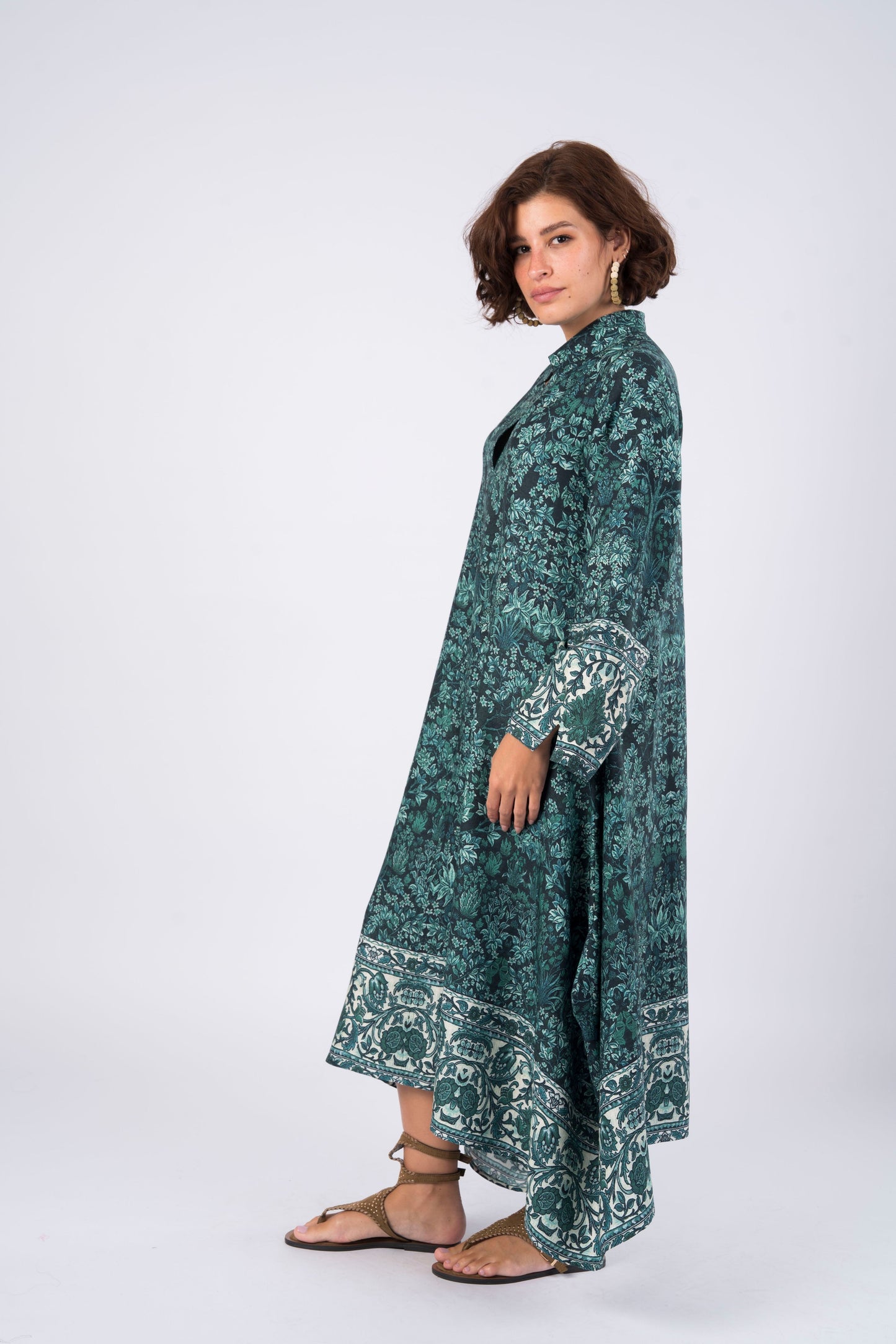 green floral-print dress