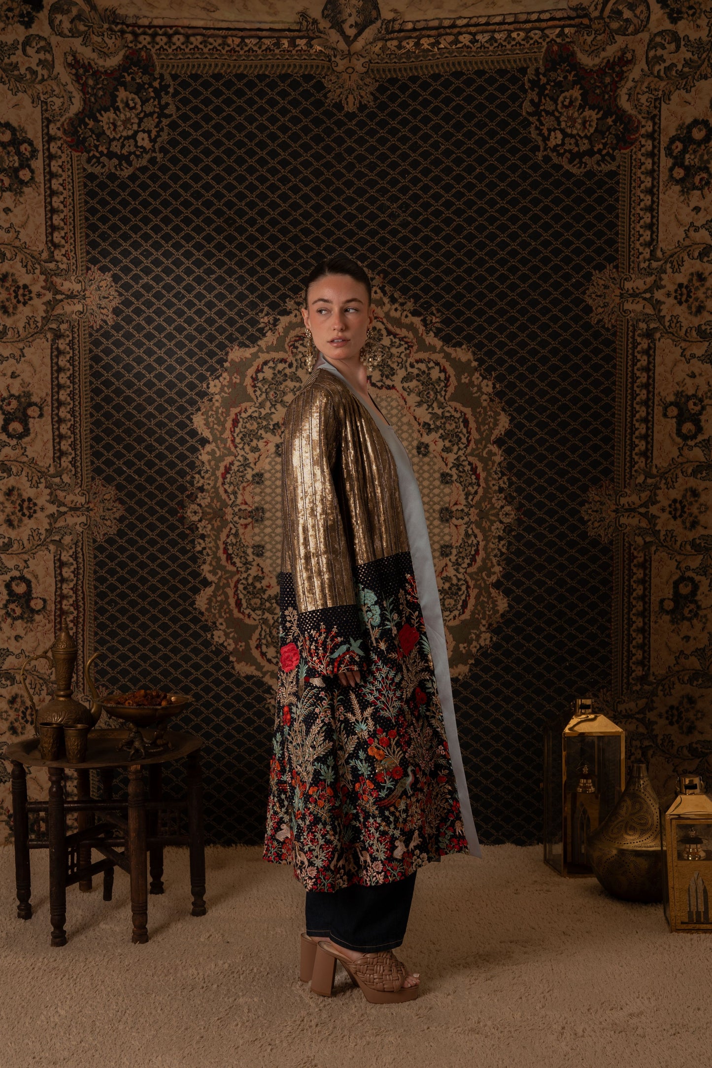 Golden Metallic Kaftan with Floral Embroidered