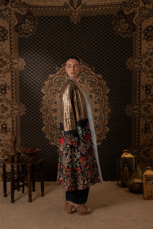 Golden Metallic Kaftan with Floral Embroidered