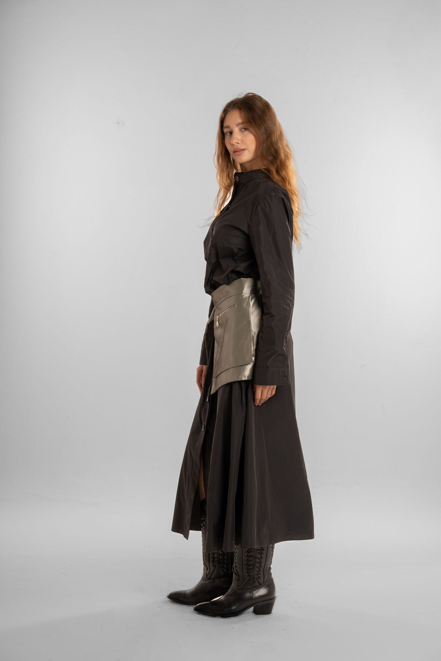 Black Long Dress with Olive Waist Belt