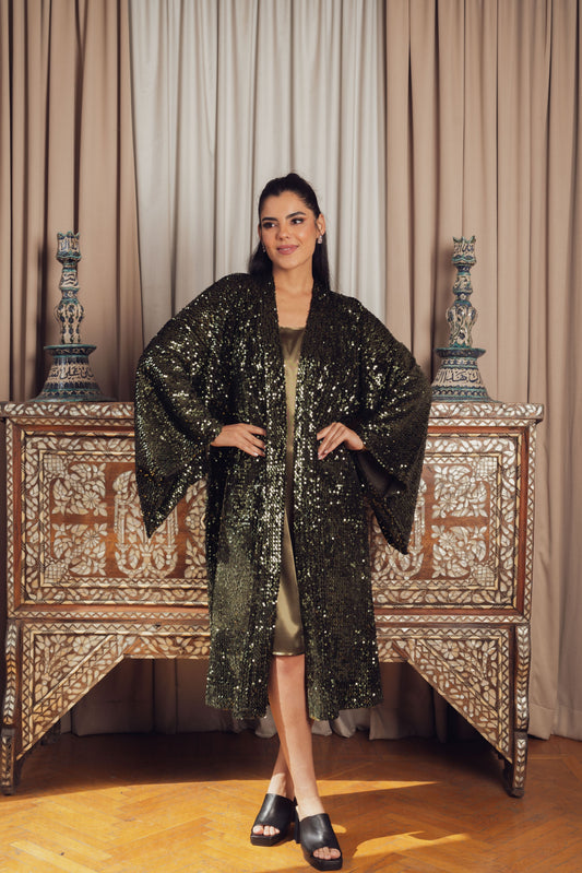 A glamorous dark green sequined kimono