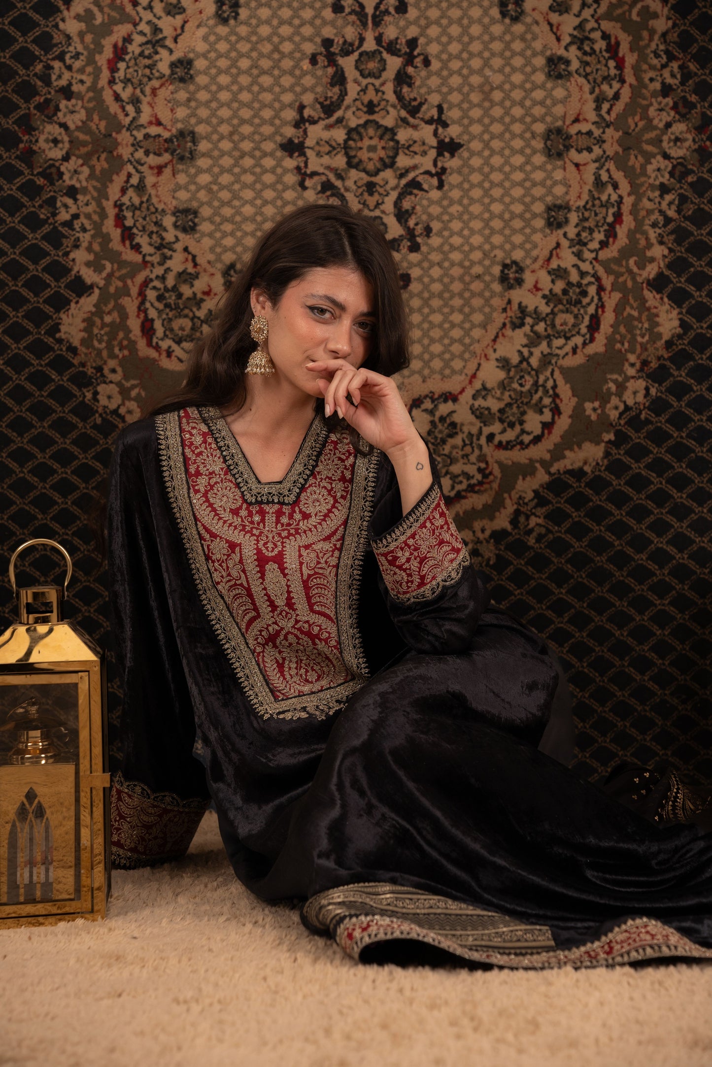 Elegant Black Kaftan with Red Embroidery