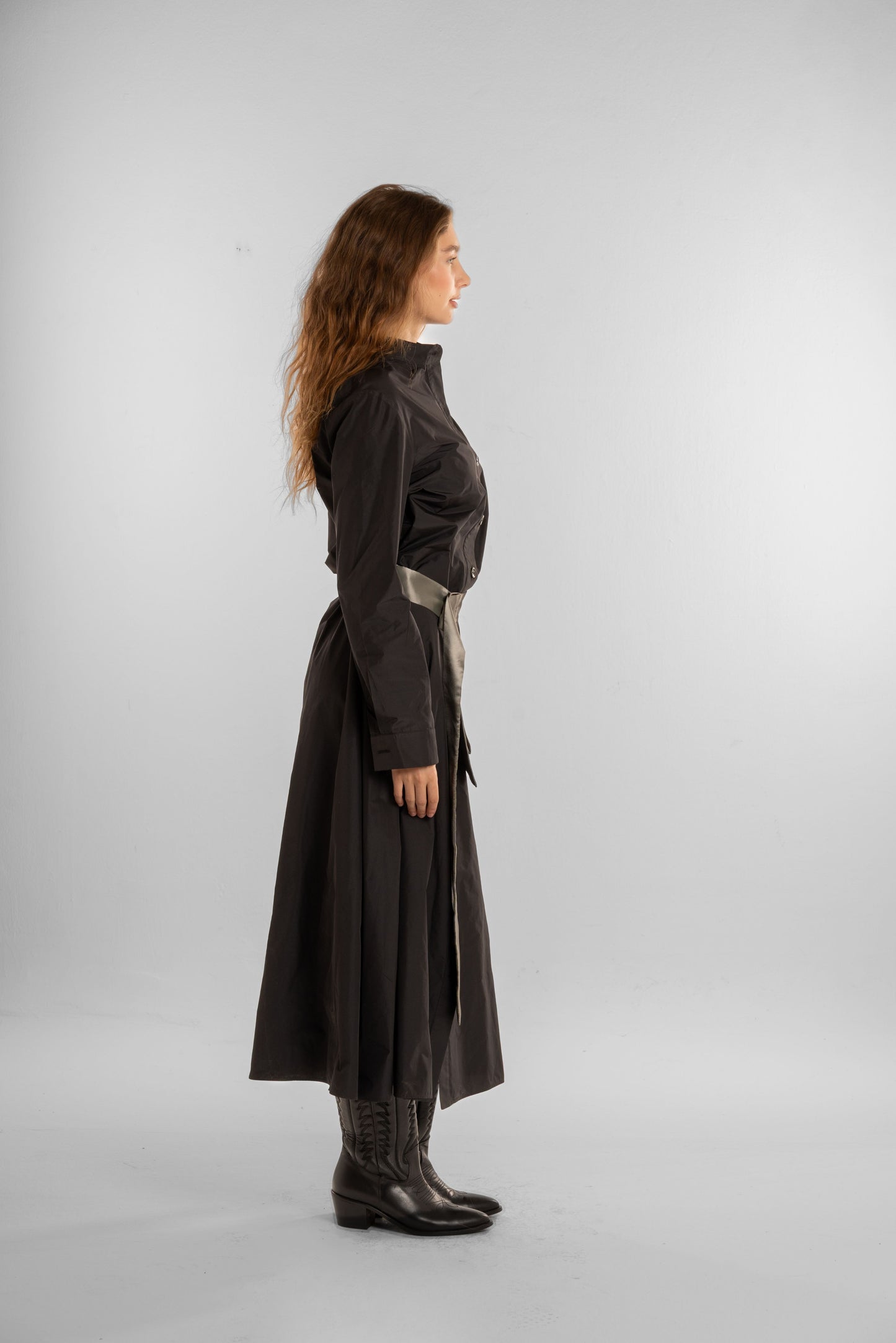 Black Long Dress with Olive Waist Belt