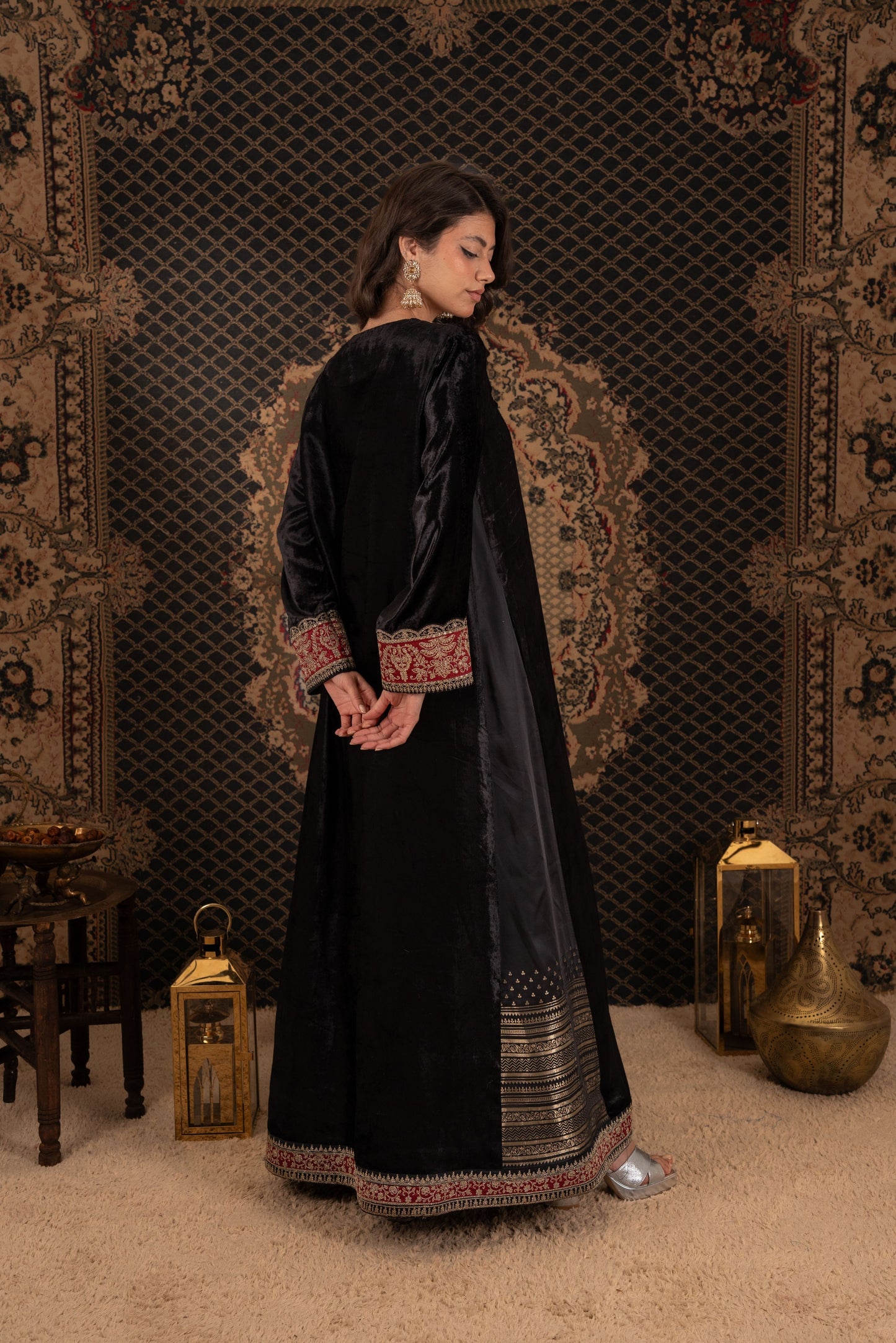 Elegant Black Kaftan with Red Embroidery