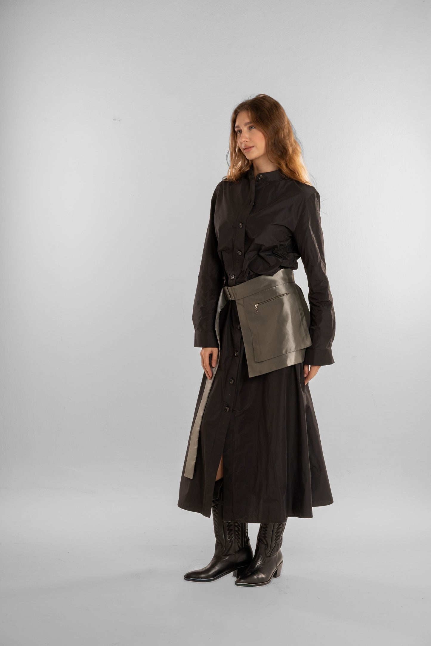 Black Long Dress with Olive Waist Belt