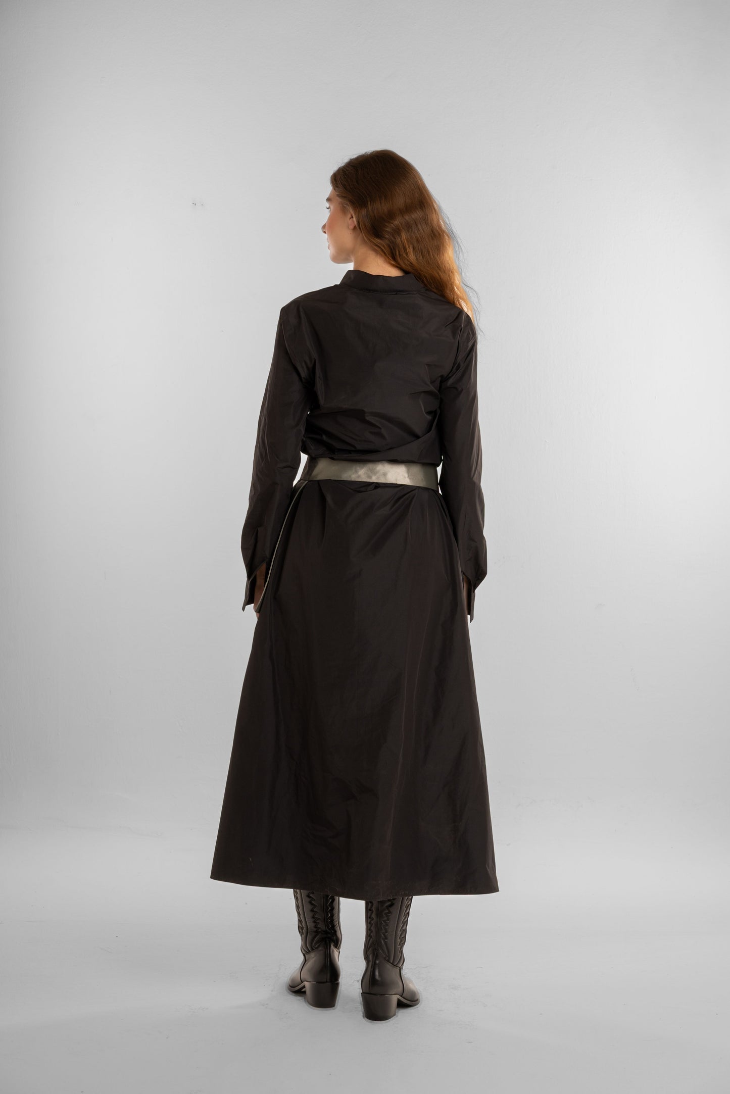 Black Long Dress with Olive Waist Belt