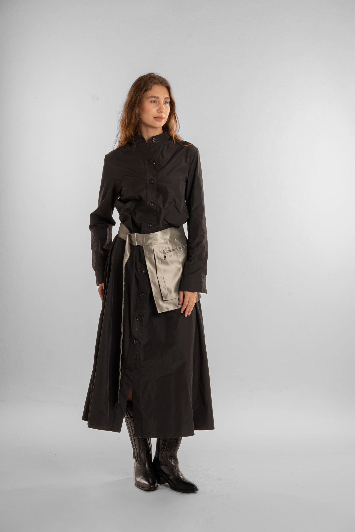 Black Long Dress with Olive Waist Belt