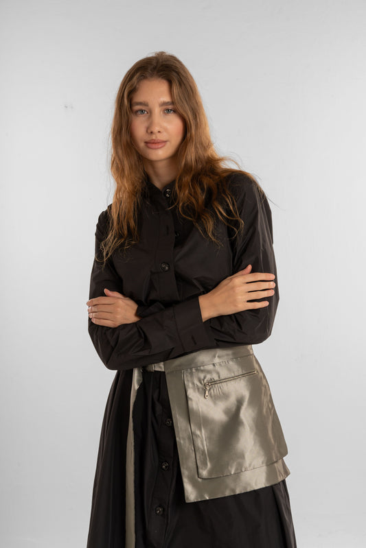 Black Long Dress with Olive Waist Belt