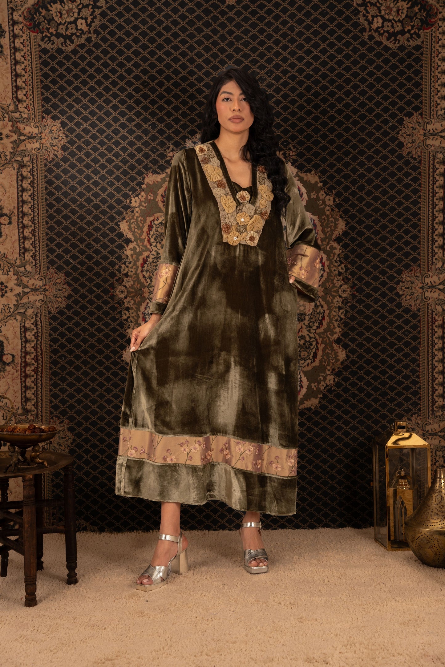 Elegant olive Kaftan with Gold Embroidery