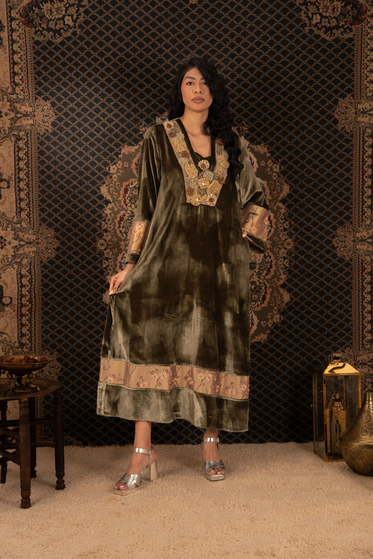Elegant olive Kaftan with Gold Embroidery